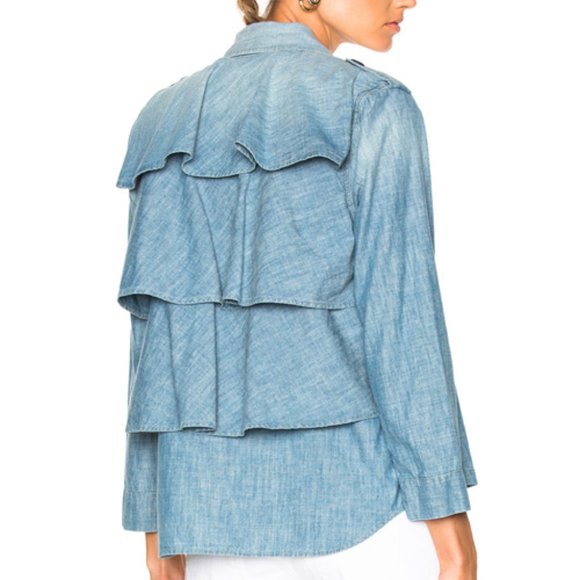 AMO Tops - AMO Ruffle Back Army Jacket in Chambray Denim Jean